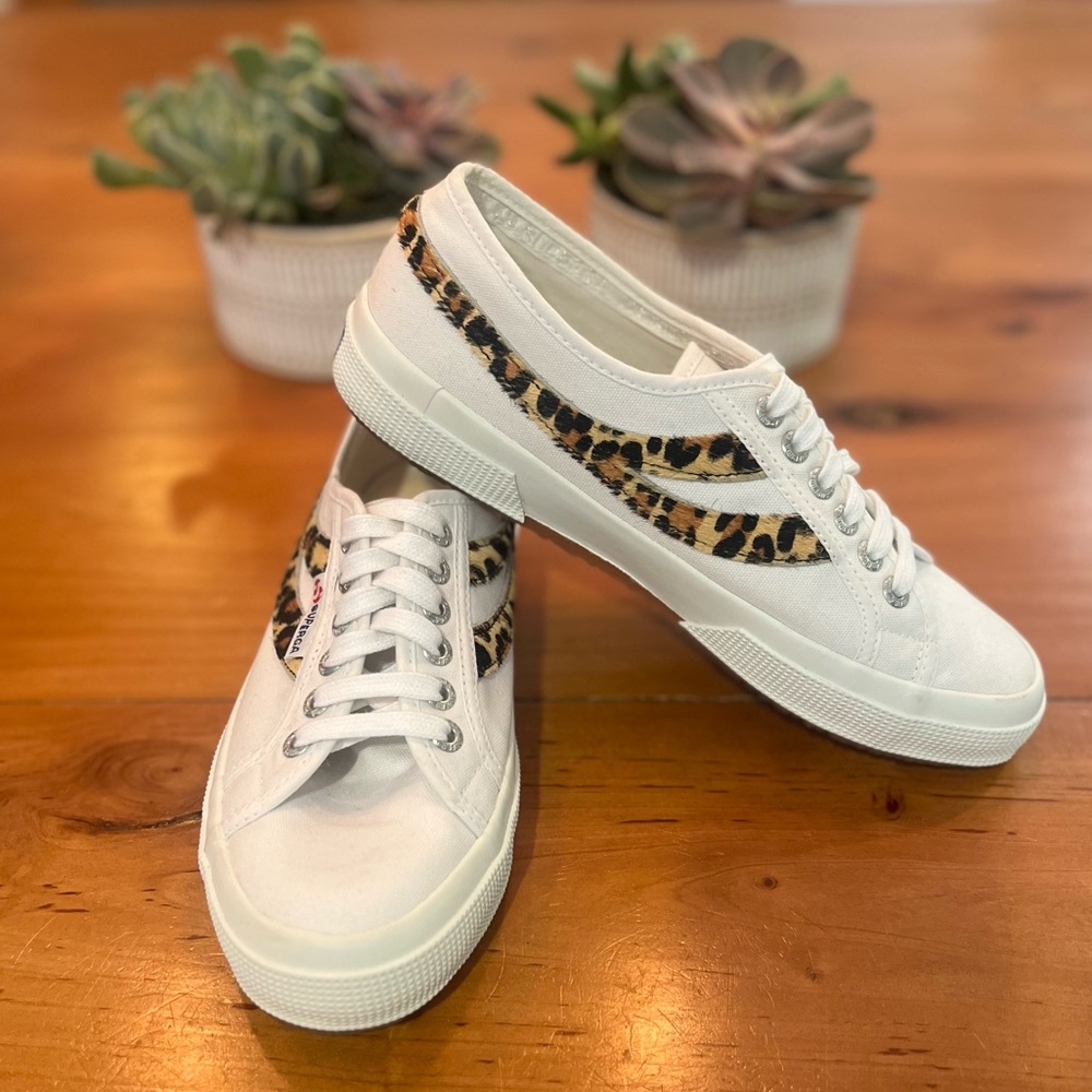 Superga white and leopard print sneakers